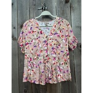 Dolan Left‎ Coast Floral Print Pleated Blouse, V-Neck, Short Sleeve, Womens Top